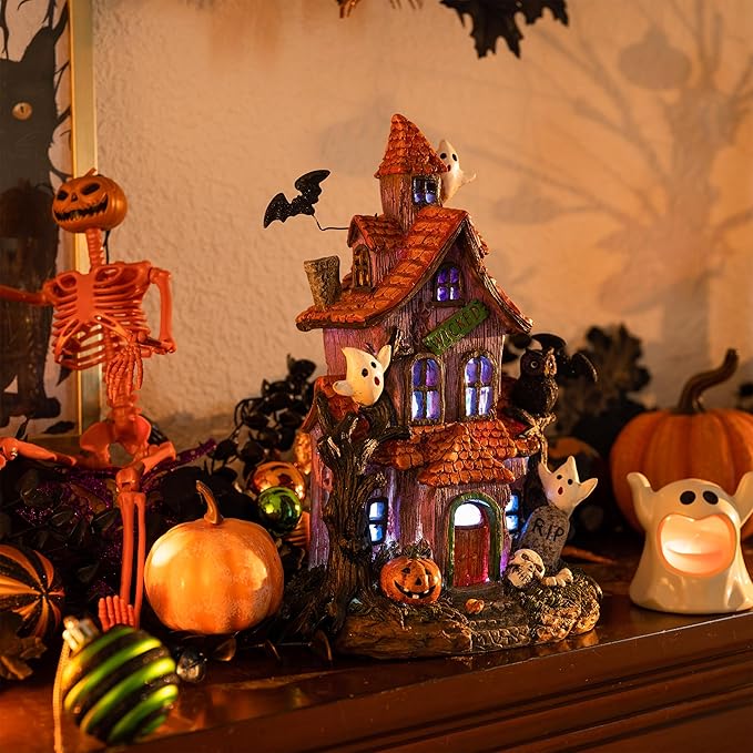 Valery Madelyn Haunted House Figurine with Bat Ghost Pumpkin for Halloween Decorations, Large Pre-Lit Lighted Resin Village Statue with LED Light for Indoor or Outdoor Party Table Decor, 12 inch