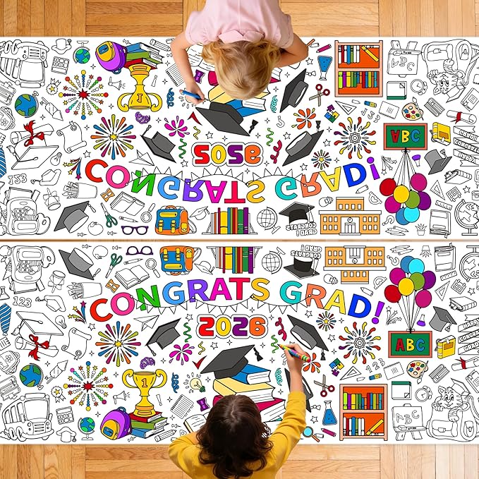 2 PCS Congrats Grad Coloring Tablecloth/Poster, Kindergarten Graduation Gifts, 72" X 30" Gaint Paper Coloring Tablecloth for Kids Crafts Activities, DIY Kindergarten Preschool Graduation Decorations