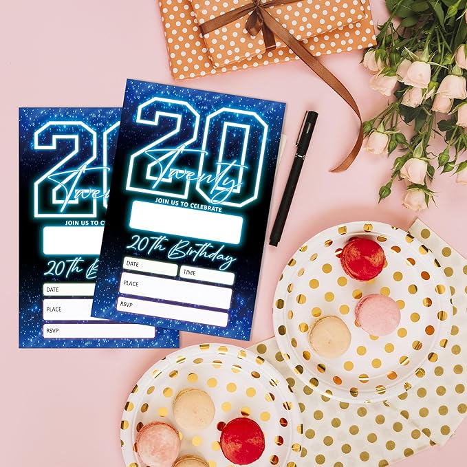 SIXEIGHT Blue 20th Birthday Invitations for Boys, Neon Glow Party Invitations for Girls Kids, 20 Pack Double Sided Invite Cards with Envelopes, 20th Glow Neon Birthday Party Decorations, 4x6 Inch-C53