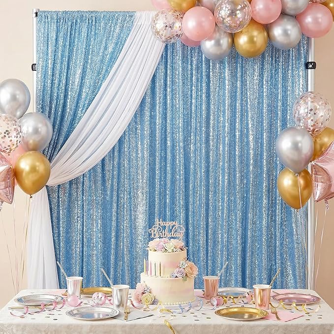 B-COOL Baby Blue Sequin Backdrop Curtains 2 Packs 5ftx8ft Baby Shower Sparkle Backdrop Fabric Glitter Background Drapes for Party Baby Shower Birthday Decoration