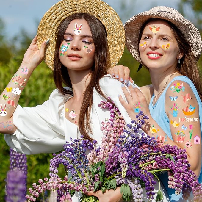 174 PCS Spring Temporary Tattoos, 12 Sheets Waterproof Hello Spring Tattoo, Rose Gold-Foil Spring Party Decorations Glitter Flowers Butterfly Egg Fillers for Easter Basket Stuffers Party Favors