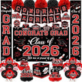 Graduation Decorations Class of 2026,Red Graduation Party Supplies- Congrats Grad Decorations Banner ＆ Hanging Swirls,Graduation Card Box,Paper Pompoms,Balloons,Porch Sign for College Grad Party