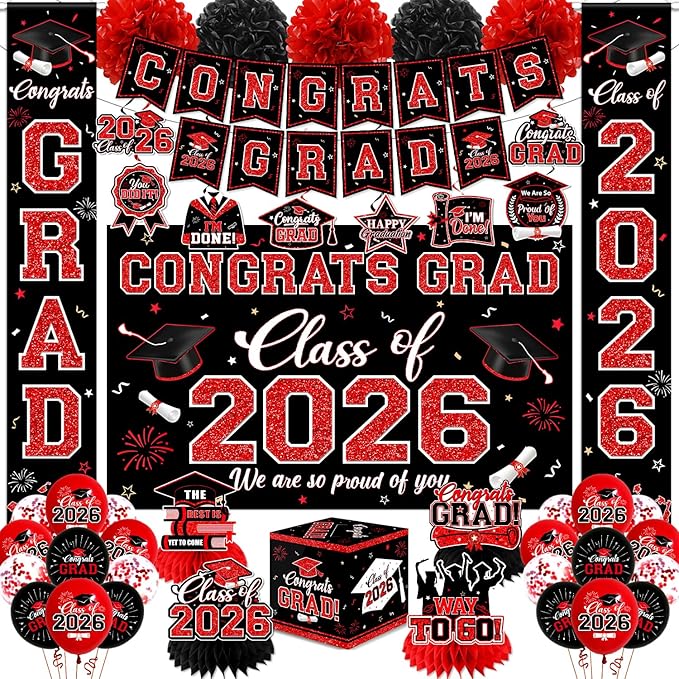 Graduation Decorations Class of 2026,Red Graduation Party Supplies- Congrats Grad Decorations Banner ＆ Hanging Swirls,Graduation Card Box,Paper Pompoms,Balloons,Porch Sign for College Grad Party