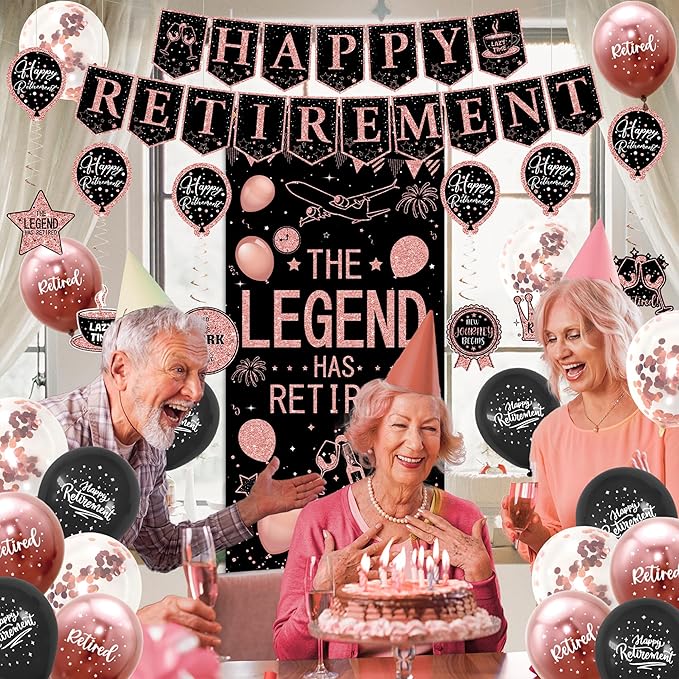 Roetyce Retirement Party Decorations Women, Blue and Pink Happy Retirement Banner Balloons Hanging Swirls Kit, Rose Gold Lengend Has Retired Backdrop for Coworker, Office Retired Party Supplies