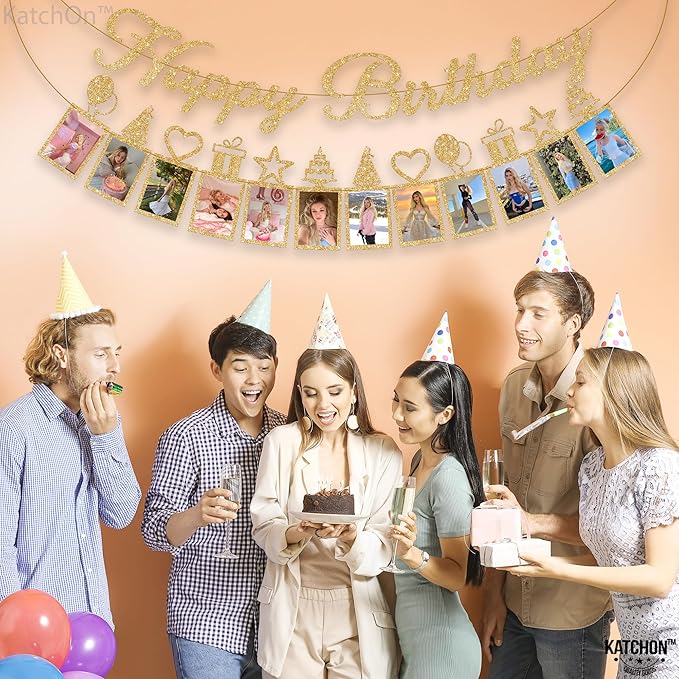 KatchOn, Glitter Gold Happy Birthday Photo Banner - Prestrung, 2 Strings, 10 Feet | Happy Birthday Banner with Photo for Gold Birthday Decorations