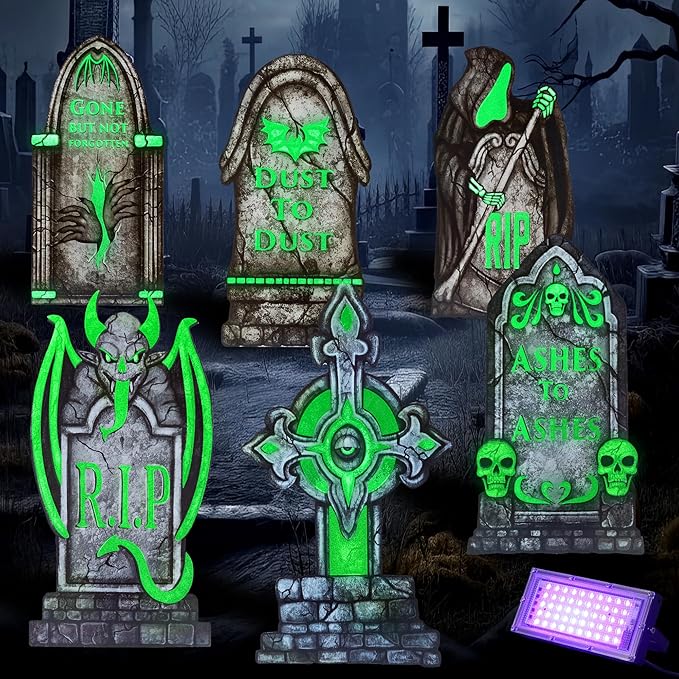 JOYIN 15.7” Halloween Decorations Outdoor Graveyard Tombstones Fluorescent, 7 Pcs Glow in The Dark with Black Light Spotlight Headstone with 12 Metal Stakes, Tombstone for Cemetery Outside Yard Decor