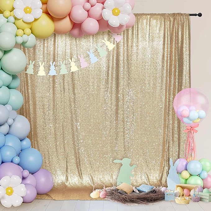 PartyDelight Light Gold Sequin Backdrop 6x7ft - High Density 3mm Shimmer Sequin Background with 4-Inch Rod Pocket, Sparkly Photography Curtain for Wedding, Birthday, TikTok & Live Decor