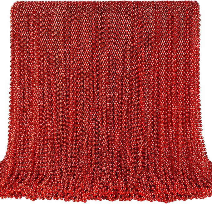 SHAOQINLIN 144 PCS Red Mardi Gras Beads, Christmas Beaded Necklace, Red Valentine Necklace, 4th of July Necklaces, 33'' Party Beads for Patriotic Day, Mardi Gras, Christmas Party Favors