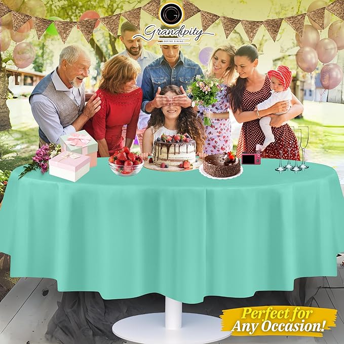 Grandipity 12 Pack Premium Disposable Plastic Tablecloth 84" Inch Decorative Round Table Cover - Aqua