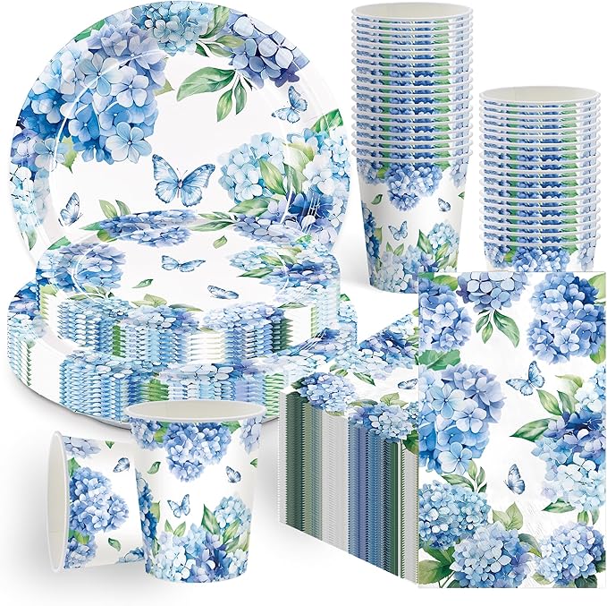 100pcs Hydrangea Party Supplies Paper Plates Napkins Cups Hydrangea Floral Tableware Set for Summer Wedding Birthday Tea Party Supplies Serve 25 Guests