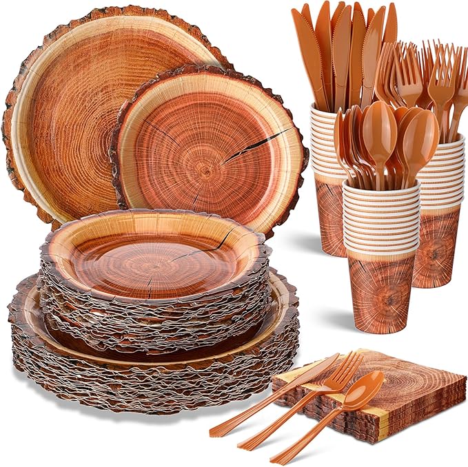 350 Pcs Camping Wood Grain Slice Tableware for 50 Guests Rustic Camo Hunter Plates Disposable Napkins Cups Plates Cutlery Hunting Plastic Knives Fork Spoon for Camping Party
