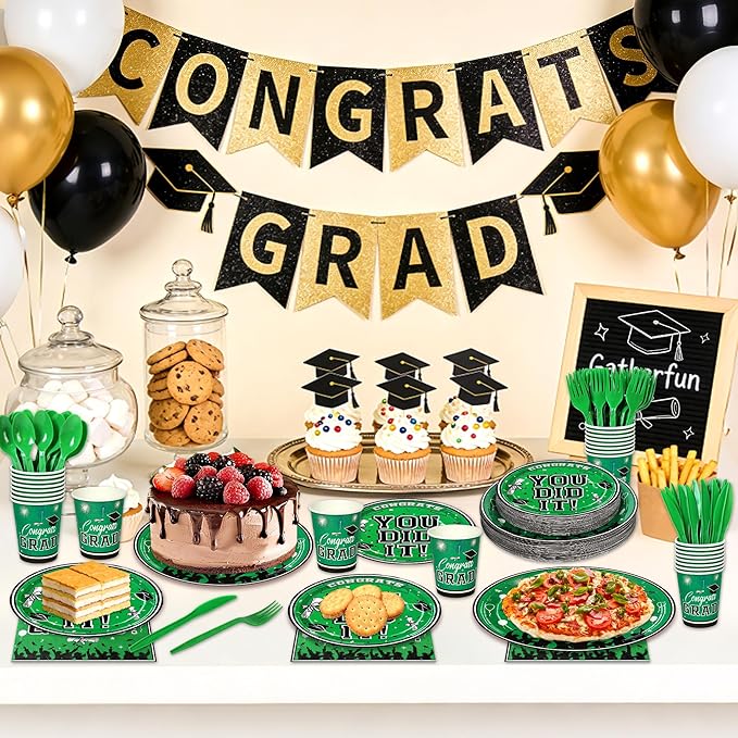 175PCS Graduation Plates and Napkins Set 2026 Graduation Party Supplies Tableware Set Include Paper Plate Napkin Cup Knife Fork Spoon for Grad Party Decor Serve25 (Green and Black)