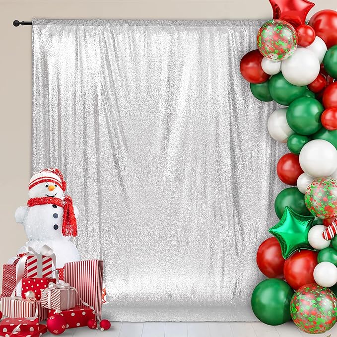 PartyDelight Silver Sequin Backdrop 8x8ft - High Density 3mm Shimmer Sequin Background with 4-Inch Rod Pocket, Sparkly Photography Curtain for Wedding, Gala, Studio & Event Decoration