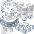 Pickmesh 250 Pcs Blue Floral Party Disposable Tableware Set Paper Plates and Napkins Cups Supplies Tea Party Theme Dinner Dinnerware for Birthday Bridal Baby Shower wedding Decoration Serves 50