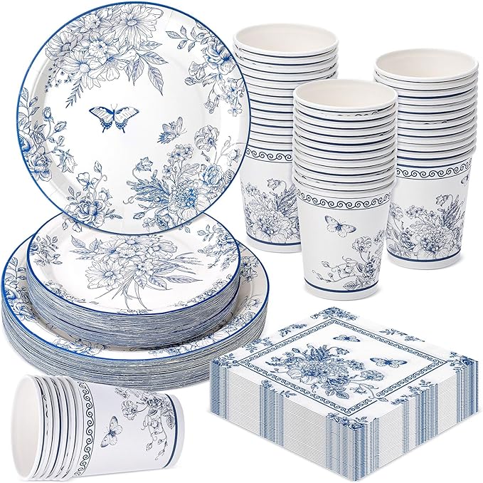 Pickmesh 250 Pcs Blue Floral Party Disposable Tableware Set Paper Plates and Napkins Cups Supplies Tea Party Theme Dinner Dinnerware for Birthday Bridal Baby Shower wedding Decoration Serves 50