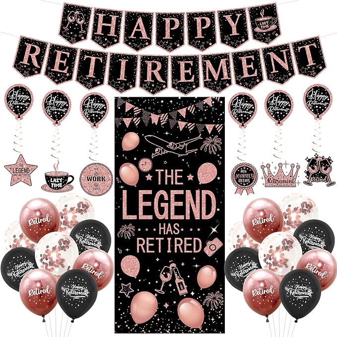 Roetyce Retirement Party Decorations Women, Blue and Pink Happy Retirement Banner Balloons Hanging Swirls Kit, Rose Gold Lengend Has Retired Backdrop for Coworker, Office Retired Party Supplies