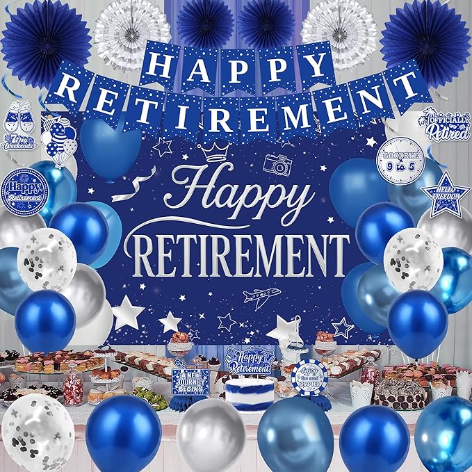 Holkcog Blue Retirement Party Decorations for Women, Silver Blue Happy Retired Banner Backdrop Paper Fan Hanging Swirls for Coworker, I'm Retired Cake Top & Honeycomb Set, Great for Retiring Women