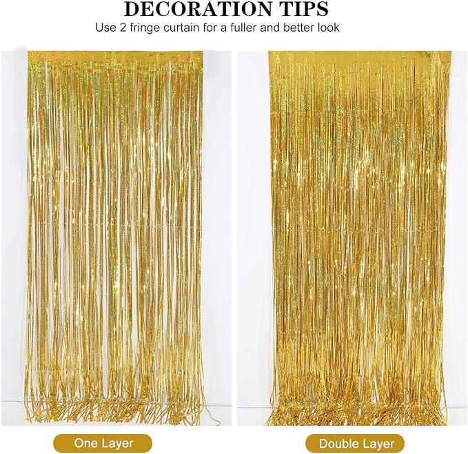 Gold Fringe Curtain - 2 Packs 3ftx8ft Sparkle Metallic Party Backdrop Curtain Photo Booth Props Birthday Decorations Gold Birthday Backdrop