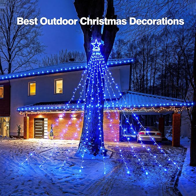 BlcTec Outdoor Christmas Decorations 317 LEDs Christmas Lights with 9 Strands 11.9ft Waterfall Christmas Tree Lights, 8 Modes, UL Certified, Waterproof, Topper Star & Timer for Yard Patio Décor, Blue
