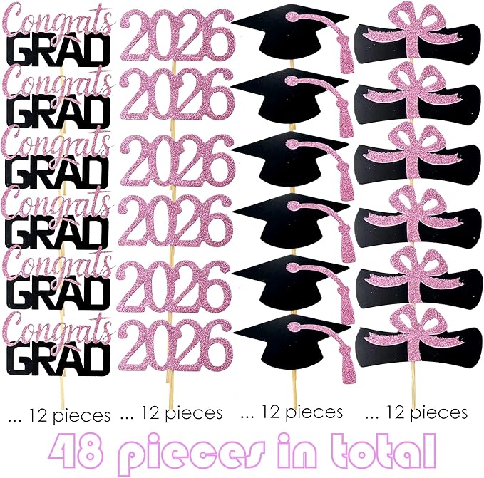 2026 Graduation Cupcake Toppers, 48 PCS Food/Appetizer Picks For Graduation Party Mini Cake Decorations, Diploma, 2026, Grad Cap Set 48 Pieces (06 Pink)
