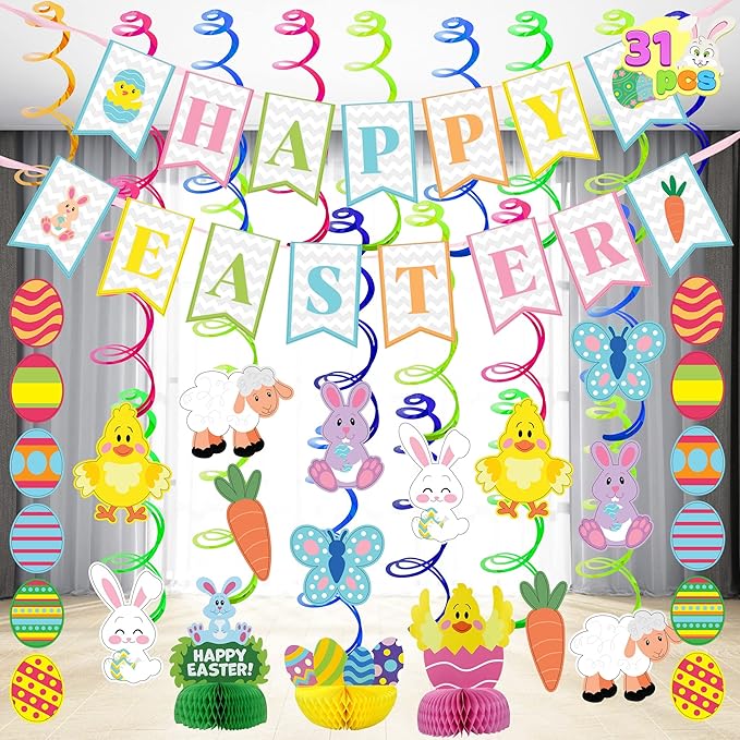 JOYIN 31 PCS Easter Decorations Spring Decor Egg Bunny Foil Swirl Party Hanging Decoration Huge Value Kit for Easter Home Themed Party