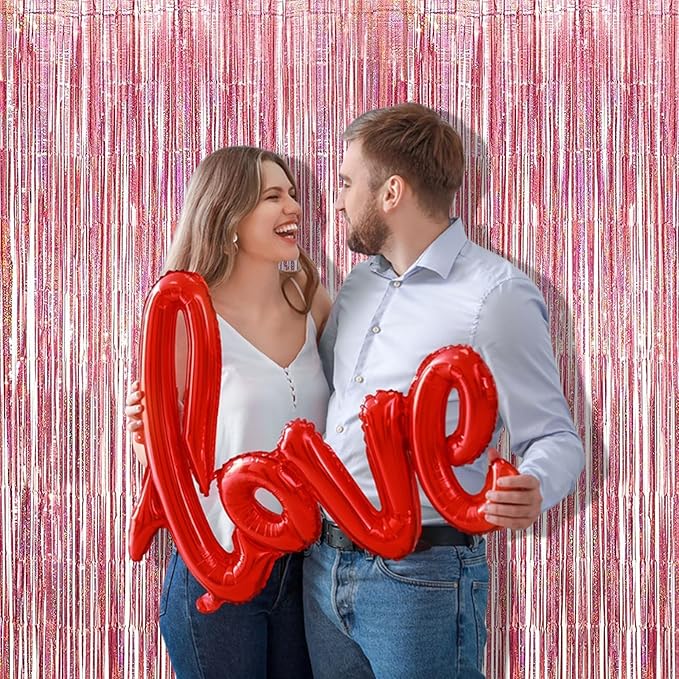 BRAVESHINE Rose-Gold Tinsel Foil Fringe Curtains - 2Pcs 3.2x8.2ft Metallic Holiday Photo Booth Backdrop Party Supplies for Birthdays Valentines Day Bridal Shower Bachelorette Engagement Party