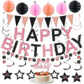 Birthday Decorations Pre-Strung Happy Birthday Banner for Women Girls Rose Gold Black Birthday Banners with Pennant Honeycomb Balls Cake Topper Stars Hanging Swirl Streamers Circle Dots Garland