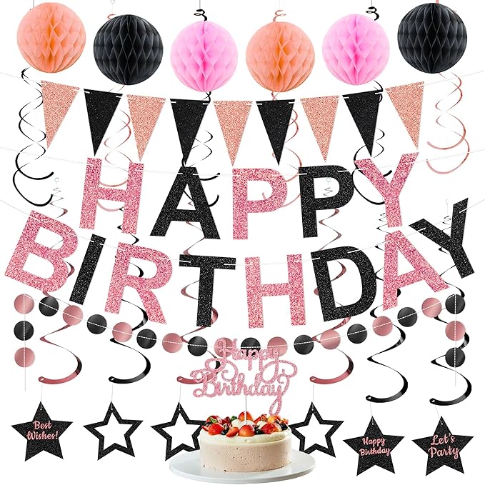 Birthday Decorations Pre-Strung Happy Birthday Banner for Women Girls Rose Gold Black Birthday Banners with Pennant Honeycomb Balls Cake Topper Stars Hanging Swirl Streamers Circle Dots Garland