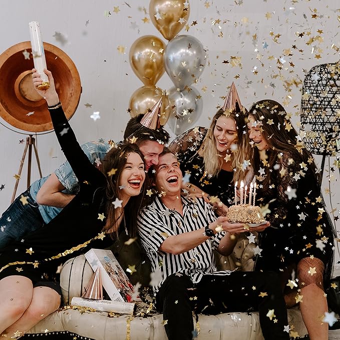 PrimePure Confetti Cannon Party Poppers - Gold Star Confetti Poppers - 6 Pack - Gold Glitter Stars Party Cannon Pop Gun for Birthday, Wedding, Graduation, Celebration, Events, Pranks