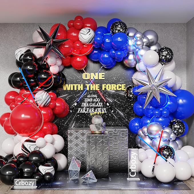 Galaxy Wars Balloon Garland Arch Kit 151Pcs Royal Blue Red Black White Silver Balloons for Universe Star Birthday One With The Force Party Decorations (Red Blue)