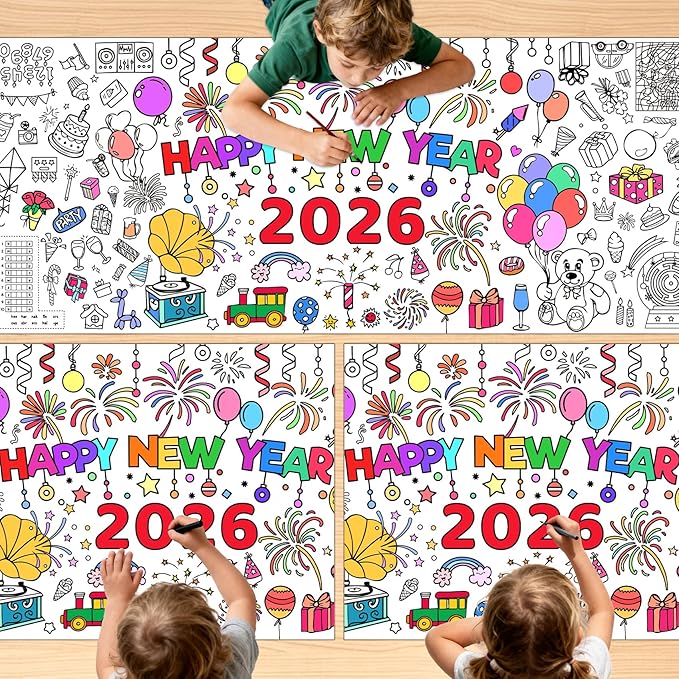 New Years Coloring Tablecloth/Poster, 3 PCS New Years Decorations 2026, 72" X 30" Giant Paper Coloring Banner for Kids Crafts Activities Party Decorations, Fun DIY Art 2026 Year Eve Party Supplies