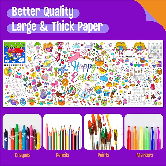 Easter Coloring Poster, Large Coloring Activity Paper 75” x 31” Jumbo Size Versatile Paper DIY Painting Drawing Banner/Tablecloth for School, Spring Theme Parties, Wall Decor