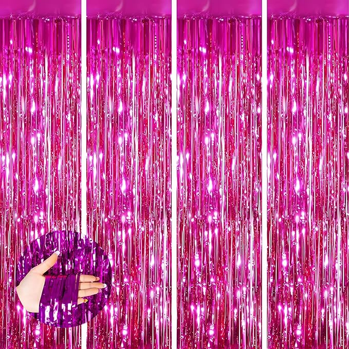 Valentines Day 4 Pack 3.3 * 8.3 ft Foil Curtain Metallic Tinsel Fringe Curtains Photo Booth Props Backdrop for Birthday Wedding Engagement Baby Shower Christmas Holiday Celebration Partyl,Hot Pink
