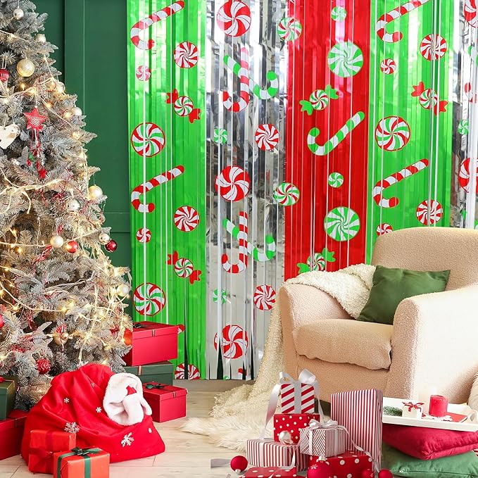 Christmas Party Decorations Candy Cane Foil Fringe Curtains, 2Pcs Red Silver Green Christmas Backdrop Photo Booth Prop Streamers for Ugly Sweater Party, 3.3x6.6Ft