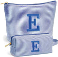 Initial Makeup Bag Set - Cute Blue Stuff for Women, Personalized Makeup Pouch Cosmetic Bag, Travel Essentials Toiletry Bag, Birthday Christmas Gifts for Women Stocking Stuffers, Blue Letter E