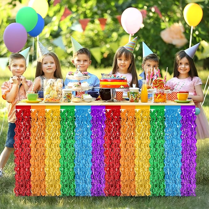 Rainbow Table Skirt, 2 Pack Desk Skirts Party Decorations, Colorful Metallic Wavy Tinsel Foil Fringe Table Skirts, Rainbow Foil Table Skirt for Birthday Classroom Teacher Pride Month Decor