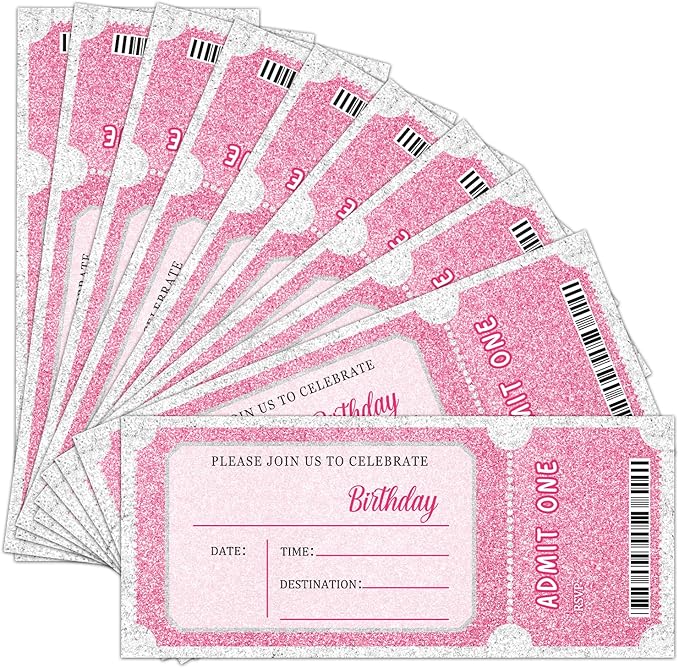Pink Glitter Birthday Invitation Ticket, Glitter Invitation for Girls Teens, 20 Ticket With Envelopes, 3.5 x 8 inch Double-Sided Fill In Birthday Party Personalized Invites Cards - B
