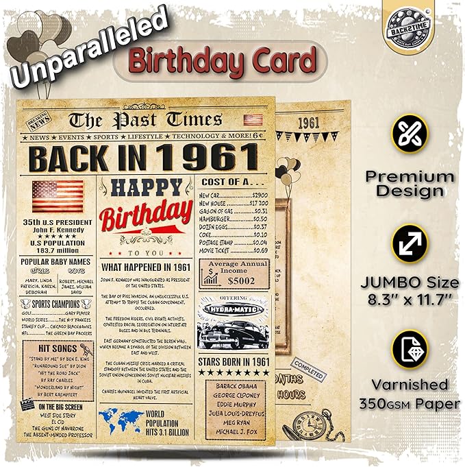 65th Birthday Card for Women Men - Back In 1961 Newspaper - 65 th Happy BIRTHDAY card - 65 birthday gift for Her Him - JUMBO size - 65th birthday decorations Dad Mom - Best gifts for 65 year old