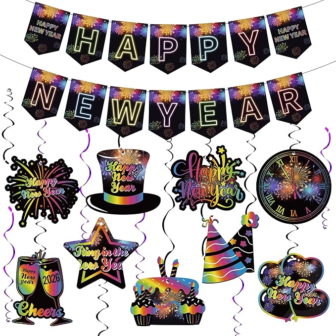 KatchOn, Happy New Year Banner and Swirls - No DIY, 10 Feet | Happy New Year Hanging Swirls for New Years Eve Party Supplies | New Years Decorations 2026 | Ceiling Decor for Nye Decorations 2026