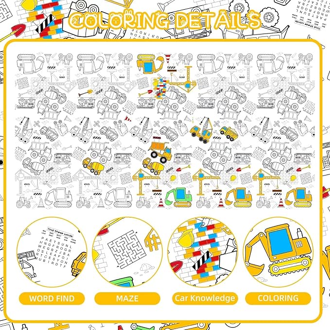 1 Pack Construction Coloring Table Cloth for Kids - Giant Construction Theme Color-in Paper Poster, Dump Truck Painting Activity Tablecloth for Construction Birthday Party Supplies Favors, 54 x 108 In