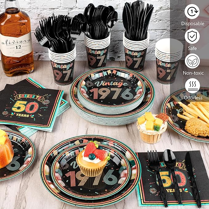 Kochorie 175 Pieces Vintage 50th Birthday Party Supplies Cheers to 50 Years Birthday Party Table Decoration Back in 1976 Tableware Set 7 Inch & 9 Inch Paper Plates Napkins Cups Cutlery Serves 25
