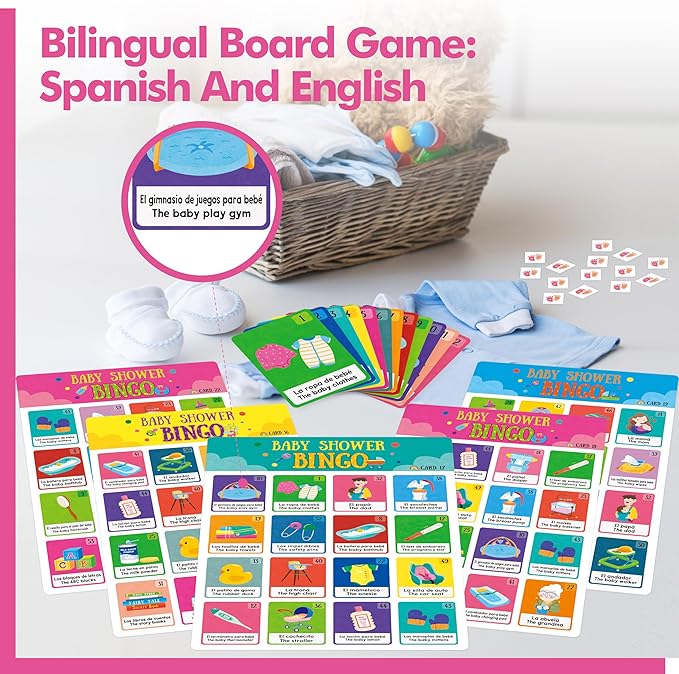 Baby Shower Bingo Game, 50 Bilingual Spanish & English Bingo Cards for Gender Reveal Party, Baby Shower, Game Favors, Supplies, Decorations for Adults (50 Players)