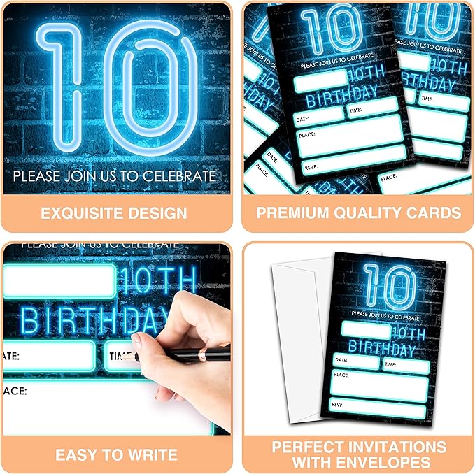 Neon Light 10th Birthday Invitations Cards, 4"x 6" Tenth Birthday Party Invites with Envelopes for Party Decorations Supplies(20 Pieces) -D24