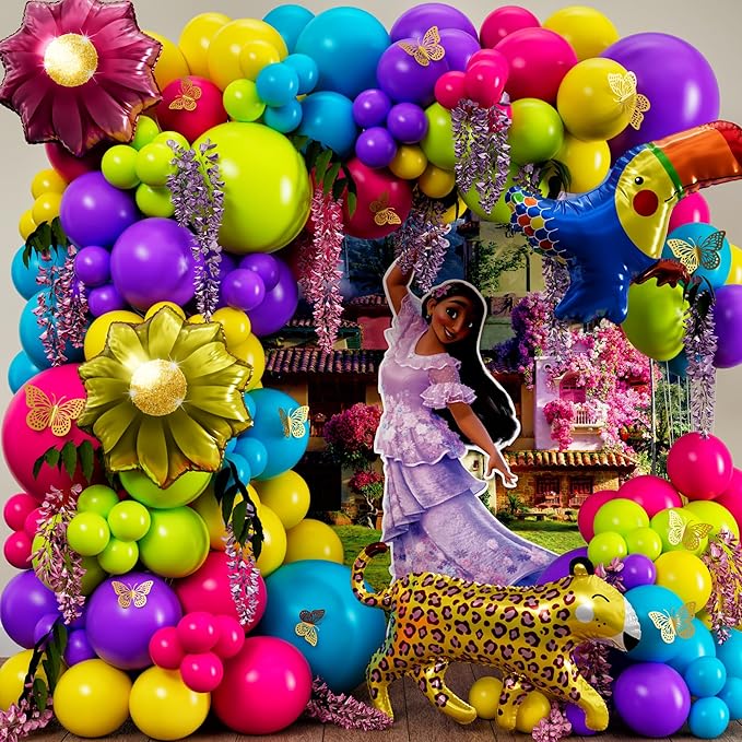 ALL-IN-1 Maribel Encanto Balloons Garland Decorations Arch Kit with BONUS Leopard for Encanto Birthday Party Supplies – Small and Large Purple, Teal, Yellow, Green, and Pink Balloons – Gold Butterfly