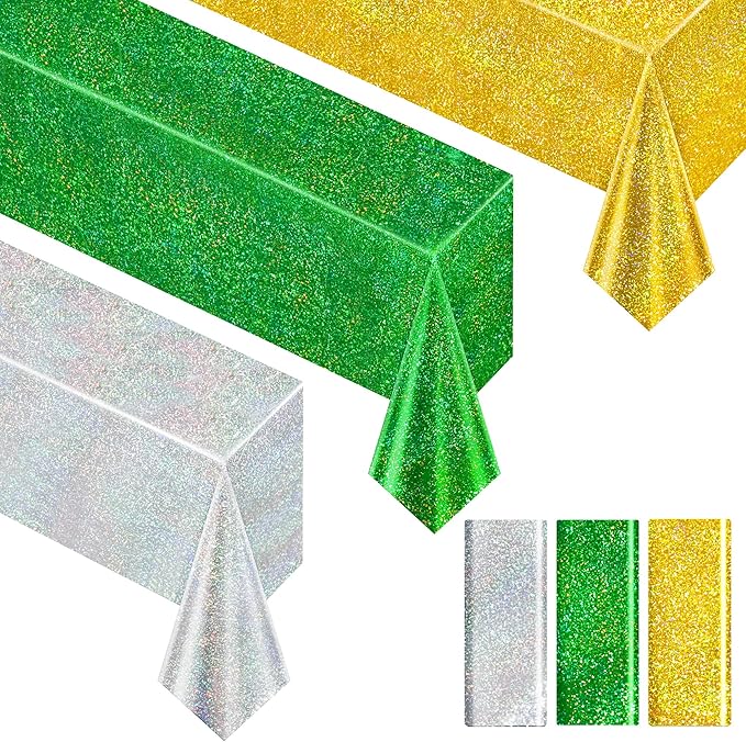 Sparkling Holographic Laser Tablecloth - Shimmering, Waterproof, Easy to Clean - Ideal for Bachelorette, Birthday, Wedding, and Anniversary Party Decorations (Green & Gold & Silver, 3)