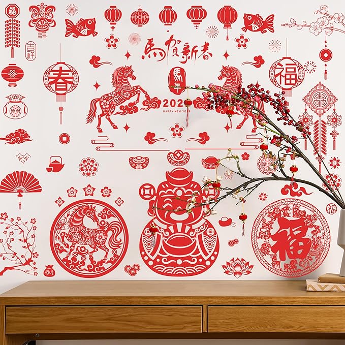 9 Sheets Chinese New Year Window Clings, Horse Year Decor for Window, 2026 Lunar New Year Decorations, Red Spring Festival Decals Double-Sided Stickers for Festival Family Gathering Door Wall Decor