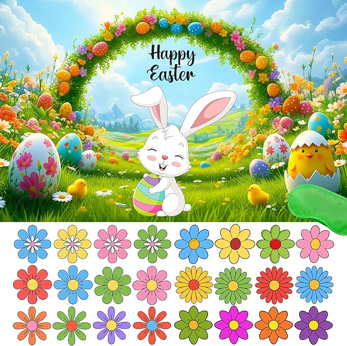 Pin The Flower on The Bunny Easter Games Easter Party Games Easter Rabbit Game with Reusable Stickers Egg Hunt Activities Party Favors Supplies
