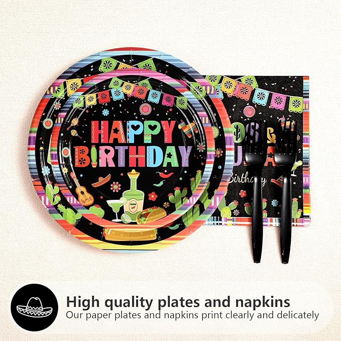 Grencian 96Pcs Taco and Tequila Birthday Party Supplies Mexican Fiesta Paper Plates and Napkins Mexican Colorful Stripe Disposable Tableware Set for Cinco De Mayo Birthday Party Decorations Serves 24