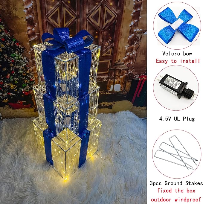 Christmas Decorations, Purtuemy Set of 3 Christmas Lighted Gift Boxes 140 LED Light up Present Ornament for Tree Indoor Outdoor Yard Holiday Door,Warm White