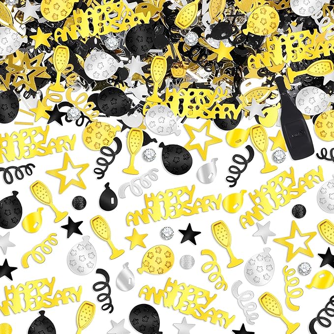 Skylety 3000 Pieces Happy Anniversary Confetti Party Decoration Scatter Confetti Metallic Foil Table Decorations for Anniversary Party DIY Arts Crafting Supplies(Gold, Silver, Black)